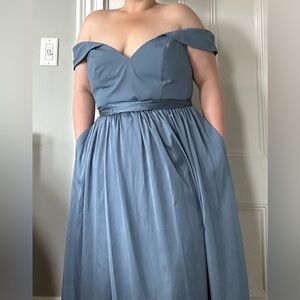 Steel blue new 18 Davids bridal chiffon and satin bridesmaid dress pockets slit